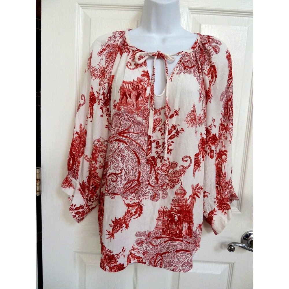 Karen Kane Asian Print Gauzy Balloon Sleeve Boho Peasant Blouse Med 8/10